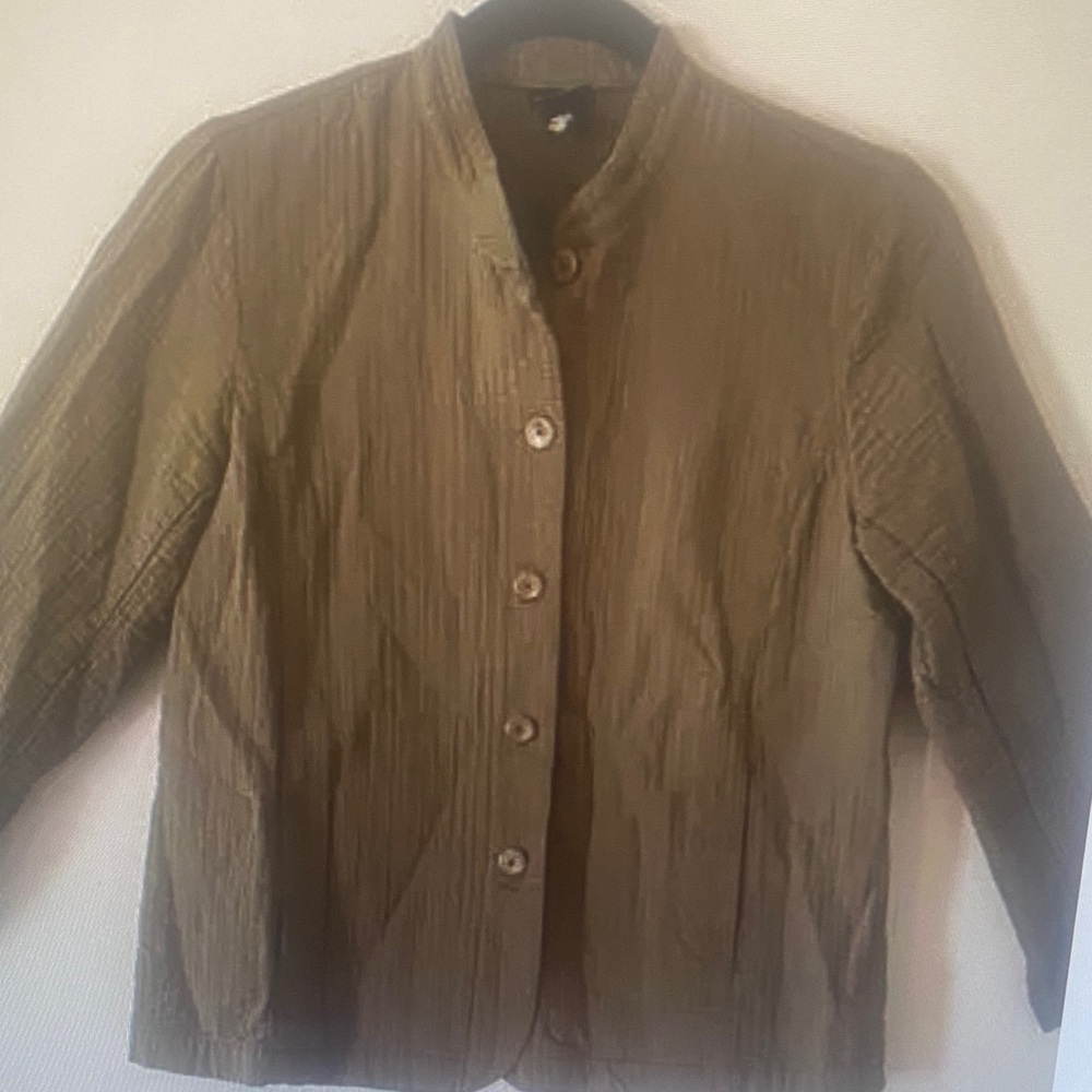 Eileen Fisher Brown Button Down Jacket Textured Layer Cotton Stand Collar XS